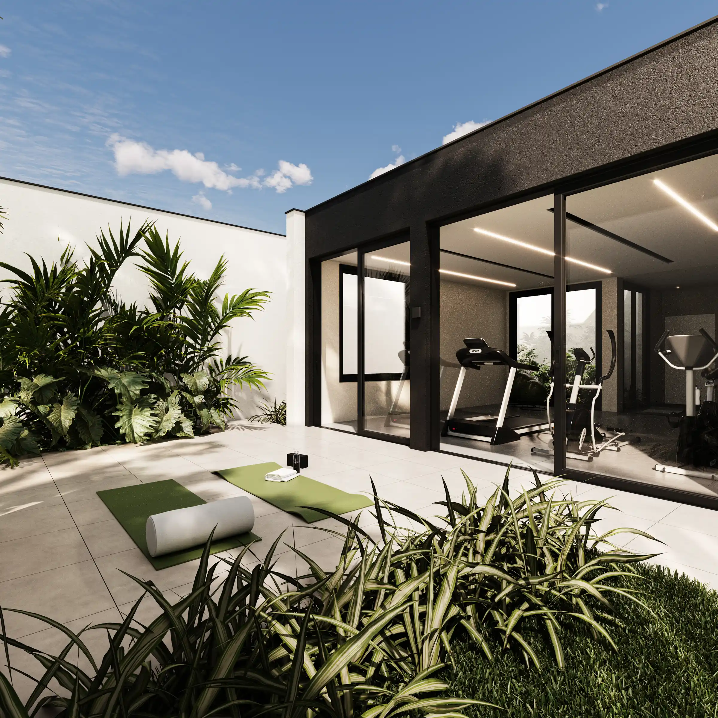 Área de apoio ao fitness do condomínio Las Casas