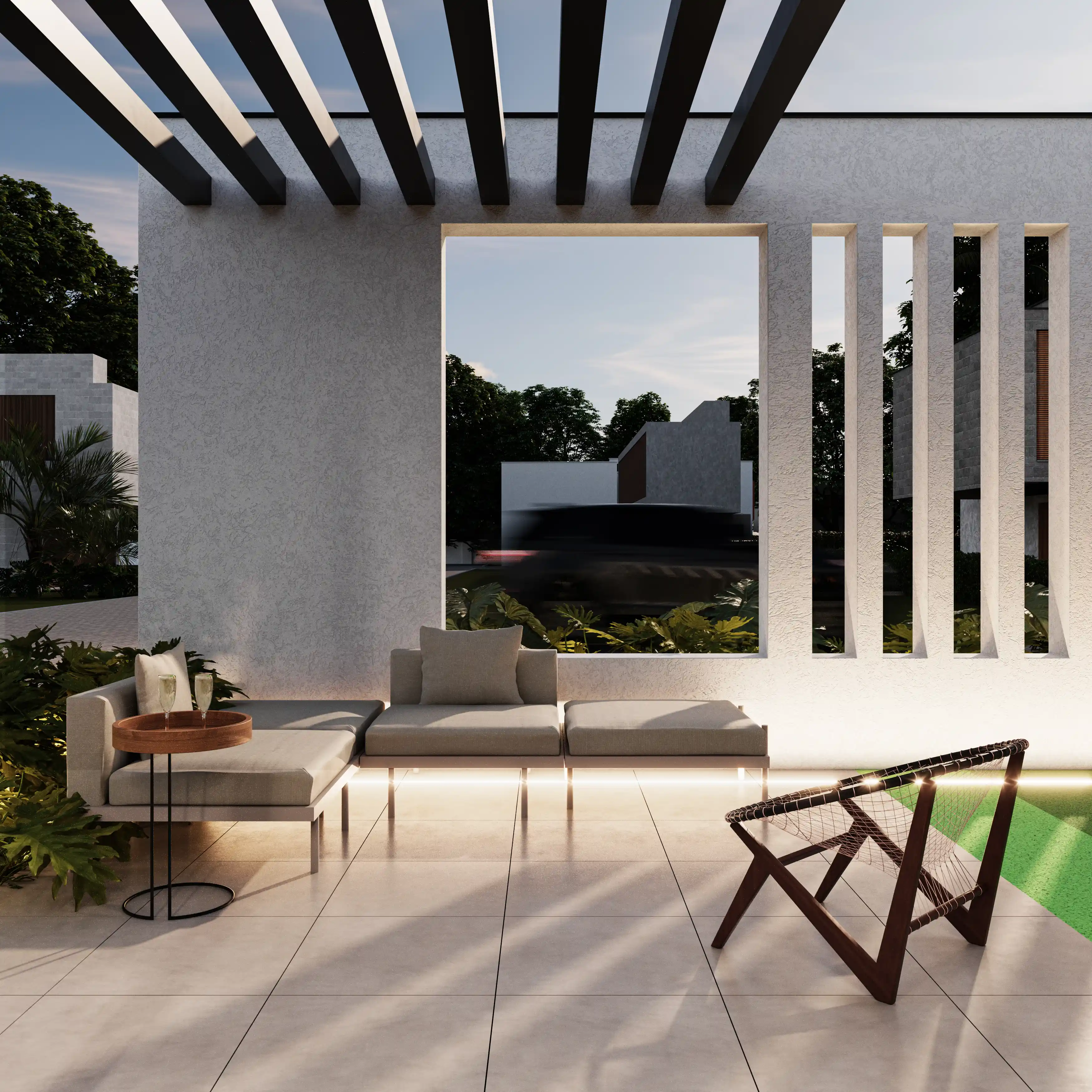 Detalhe do condomínio Las Casas com vegetação integrada à arquitetura